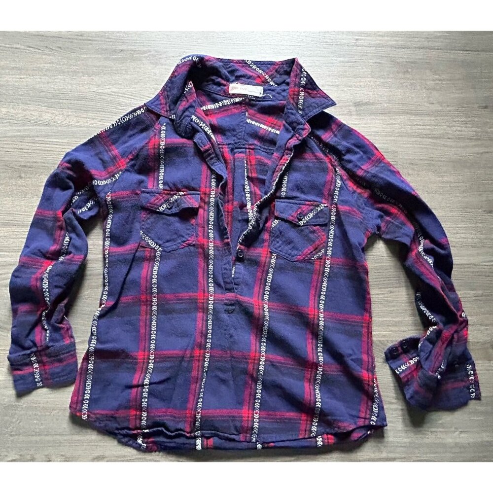 Love Tree Happens Youth Size Large Plaid Shirt Half Button Long Sleeve Pullover